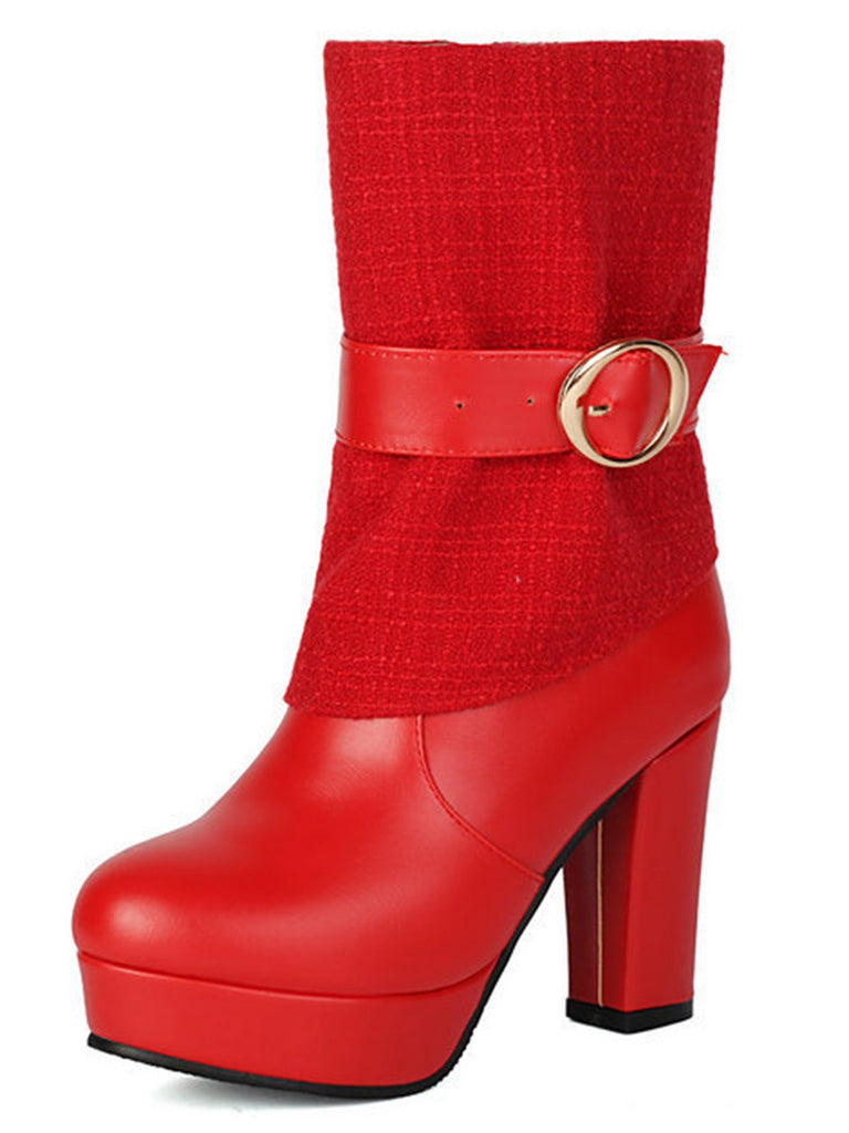 Solid PU Leather Ribbed Knit Patchwork High Heels