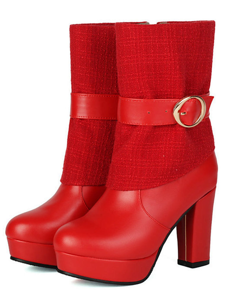 Solid PU Leather Ribbed Knit Patchwork High Heels