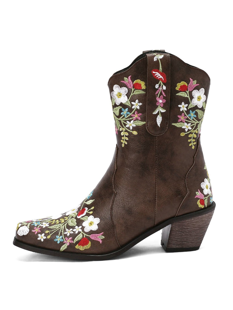 Vintage Pointed Embroidered Floral Chunky Heel Boots