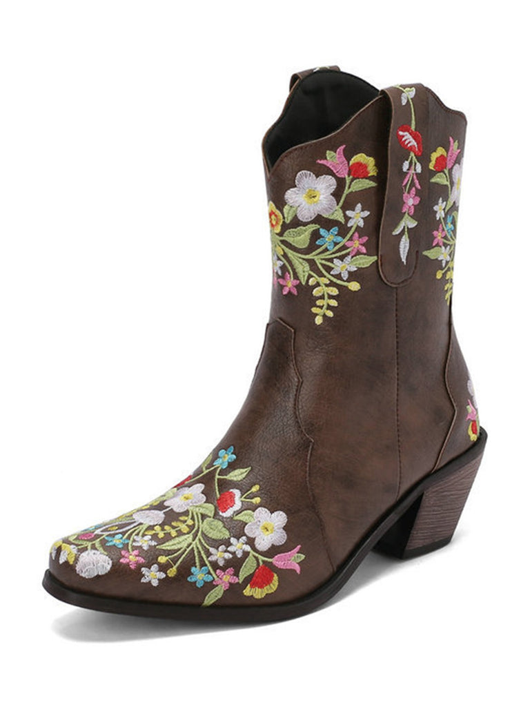 Vintage Pointed Embroidered Floral Chunky Heel Boots