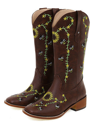 Brown Sunflower Embroidered Western Cowgirl Mid Calf Boots