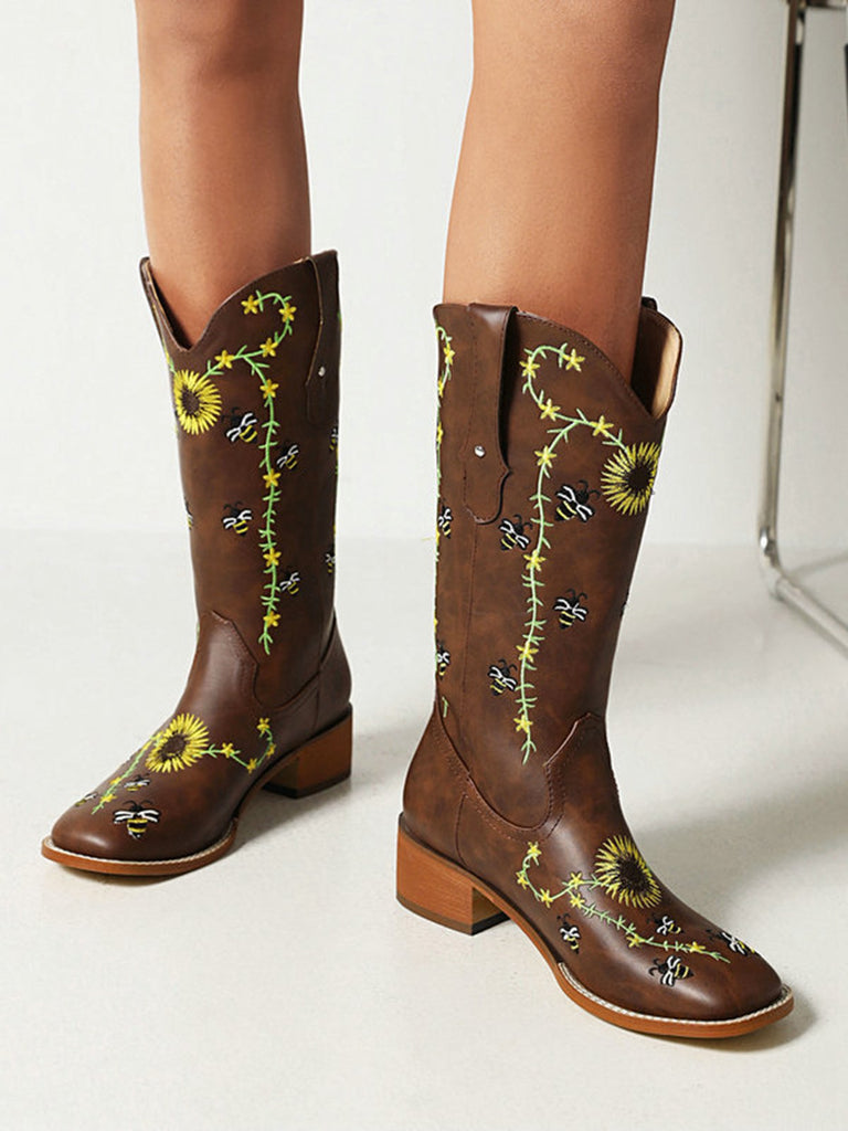 Brown Sunflower Embroidered Western Cowgirl Mid Calf Boots