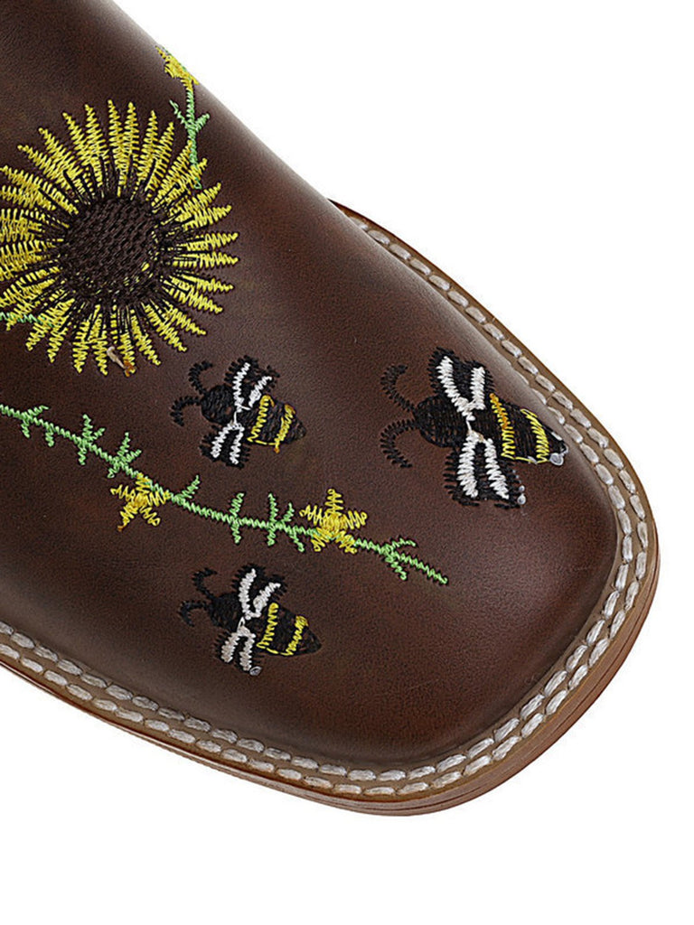 Brown Sunflower Embroidered Western Cowgirl Mid Calf Boots
