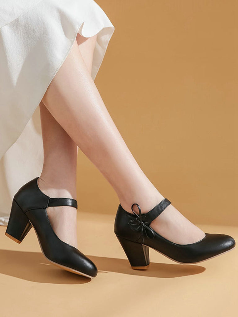 Retro Round Toe Solid Bowknot Chunky Heels