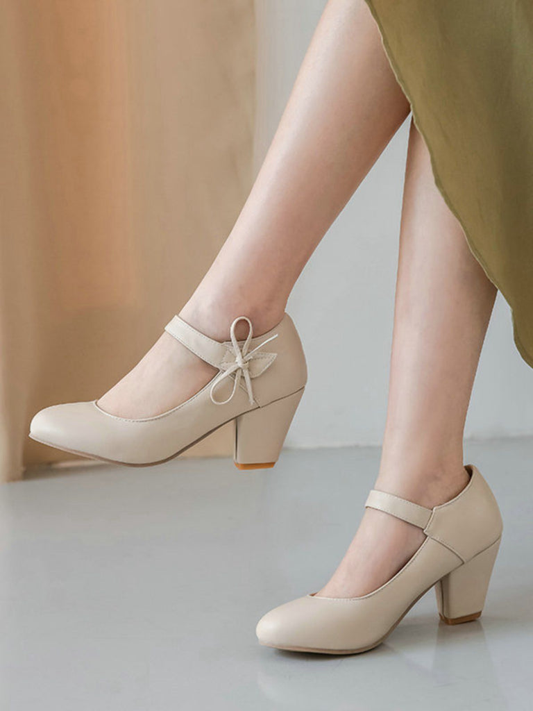 Retro Round Toe Solid Bowknot Chunky Heels