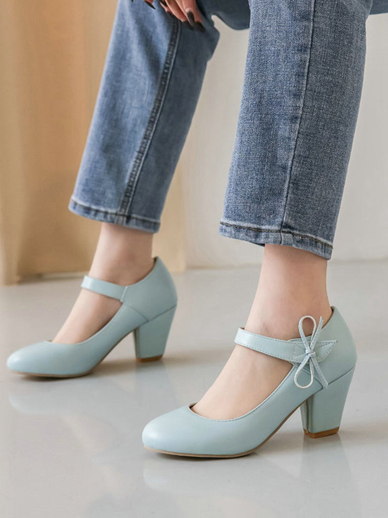 Retro Round Toe Solid Bowknot Chunky Heels