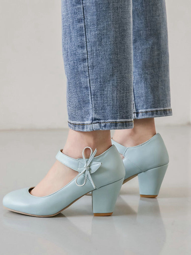 Retro Round Toe Solid Bowknot Chunky Heels