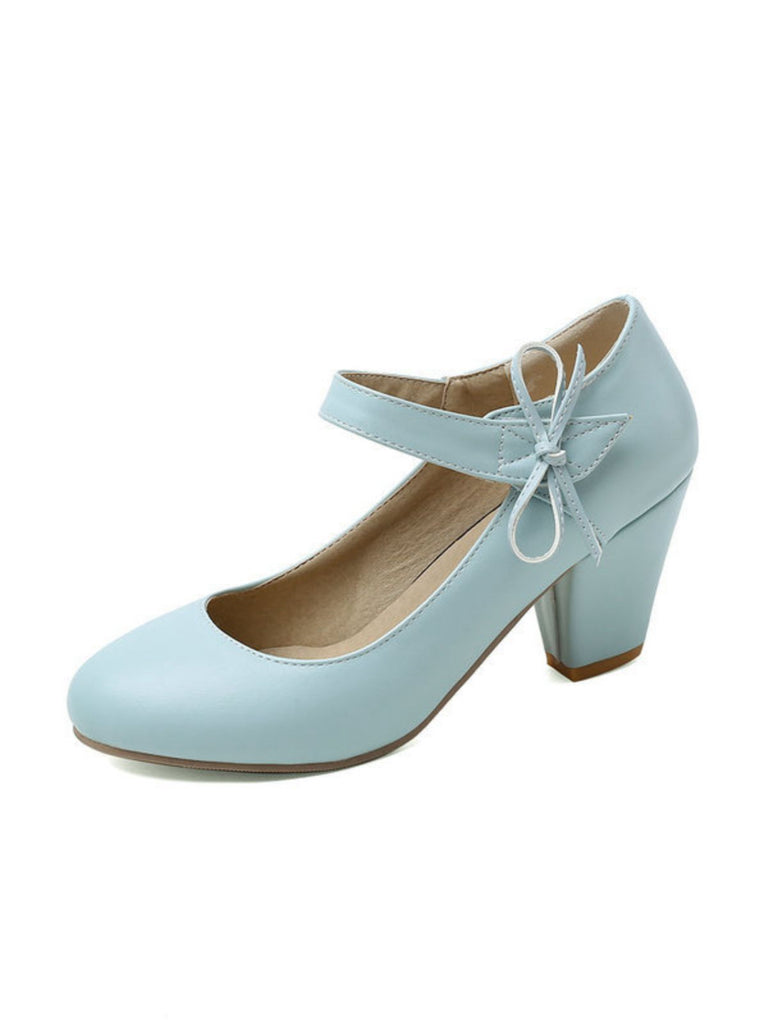 Retro Round Toe Solid Bowknot Chunky Heels