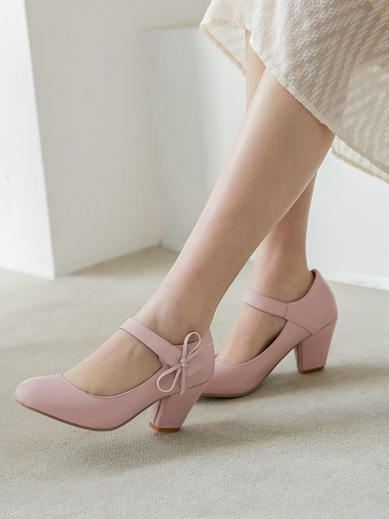 Retro Round Toe Solid Bowknot Chunky Heels