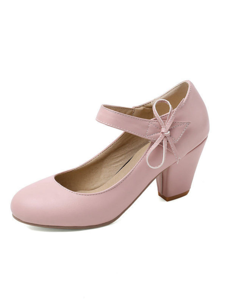Retro Round Toe Solid Bowknot Chunky Heels