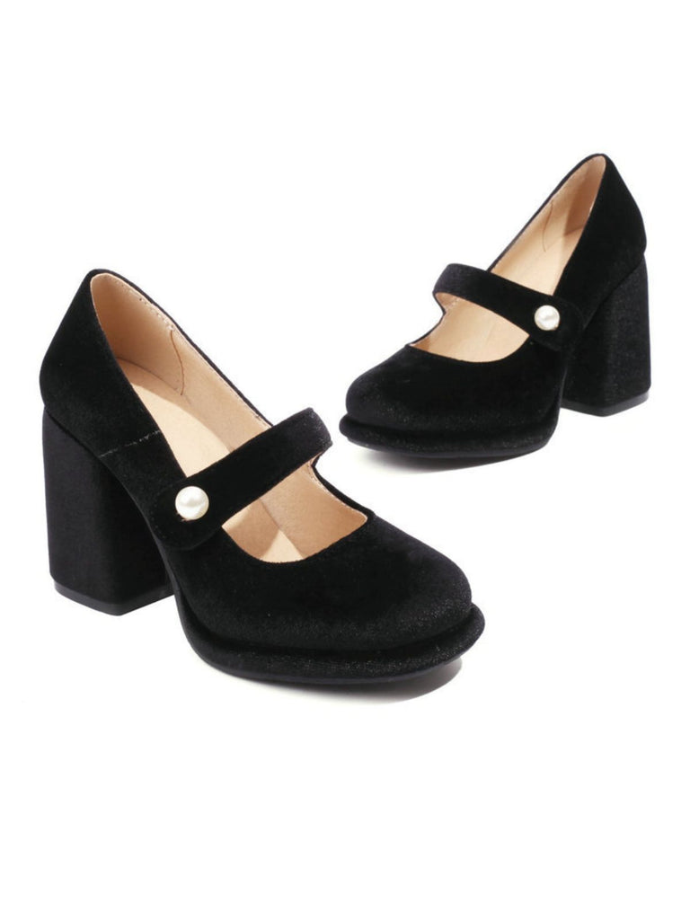 Mary Jane Velvet Pearl Button Chunky Heel Shoes
