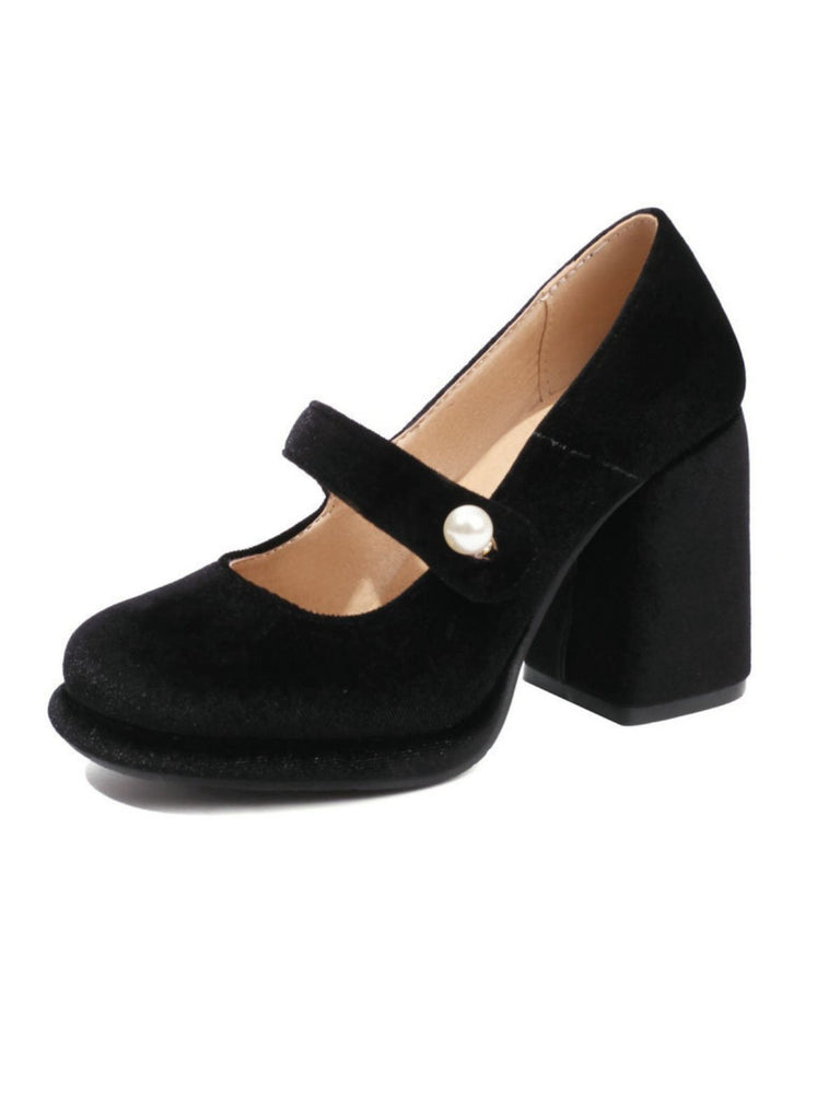 Mary Jane Velvet Pearl Button Chunky Heel Shoes
