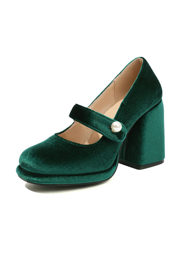 Mary Jane Velvet Pearl Button Chunky Heel Shoes