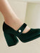 Mary Jane Velvet Pearl Button Chunky Heel Shoes