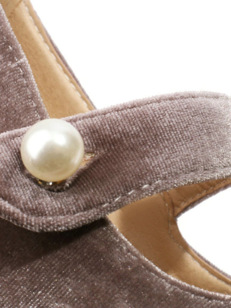 Mary Jane Velvet Pearl Button Chunky Heel Shoes
