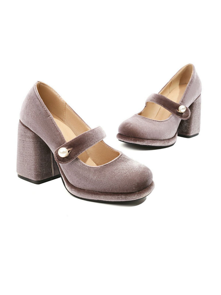 Mary Jane Velvet Pearl Button Chunky Heel Shoes