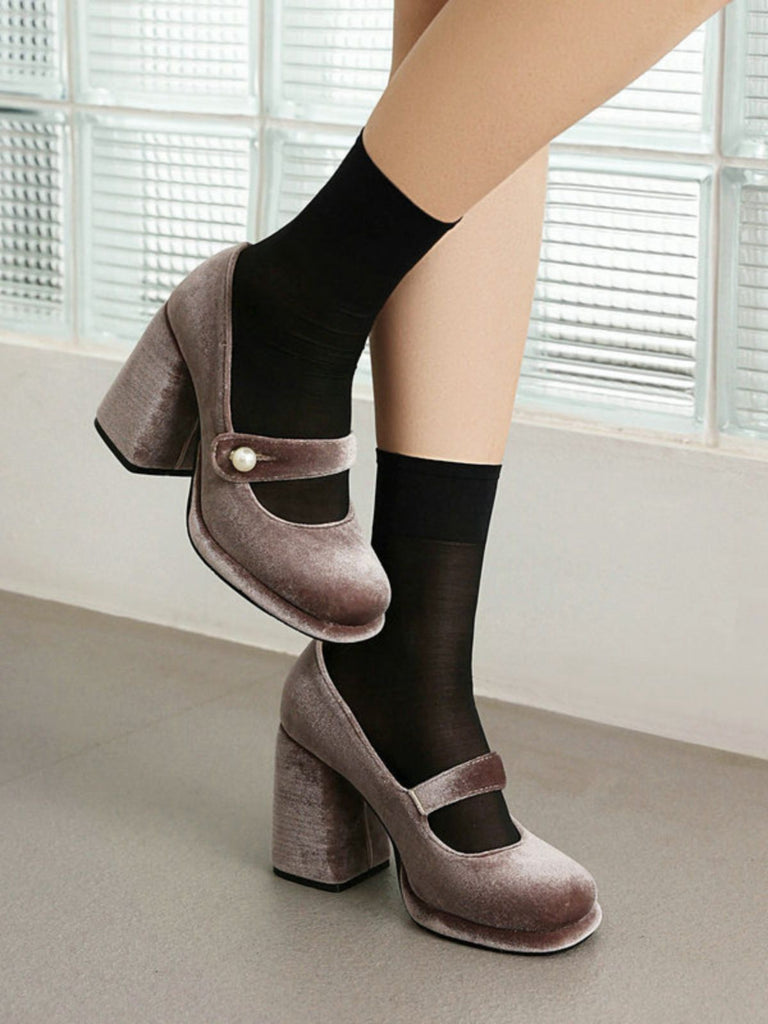 Mary Jane Velvet Pearl Button Chunky Heel Shoes