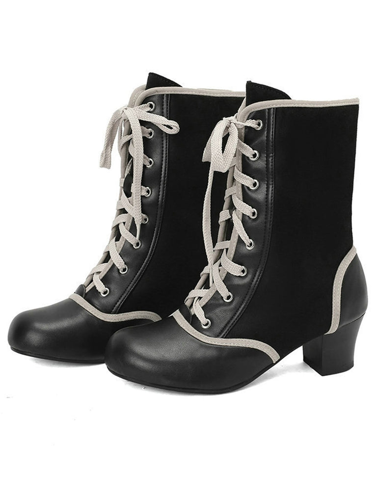 Vintage Lace-Up Faux Suede & Leather Mid Calf Boots