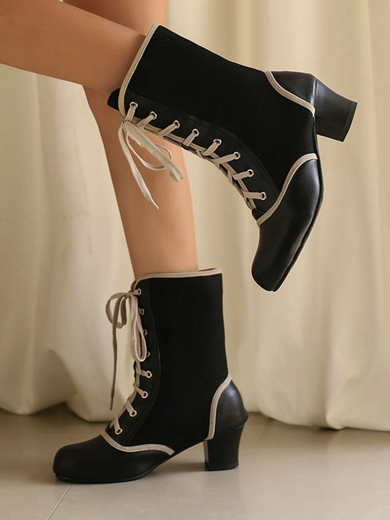 Vintage Lace-Up Faux Suede & Leather Mid Calf Boots