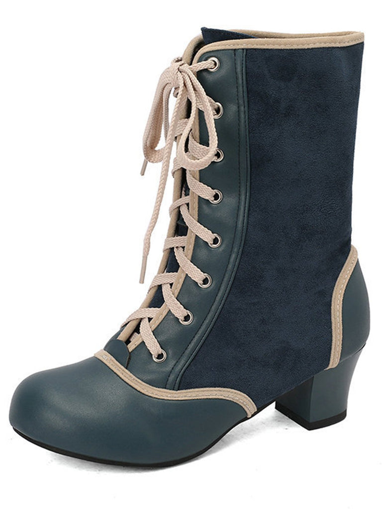 Vintage Lace-Up Faux Suede & Leather Mid Calf Boots