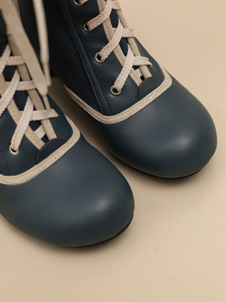 Vintage Lace-Up Faux Suede & Leather Mid Calf Boots