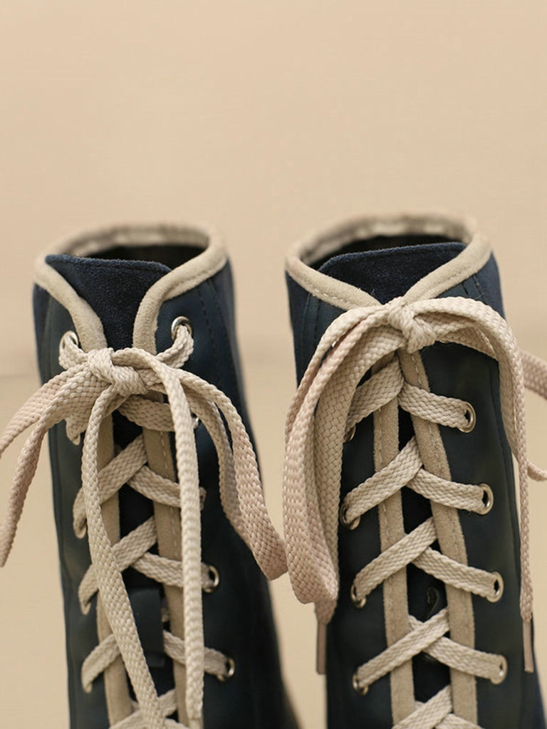 Vintage Lace-Up Faux Suede & Leather Mid Calf Boots