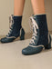 Vintage Lace-Up Faux Suede & Leather Mid Calf Boots