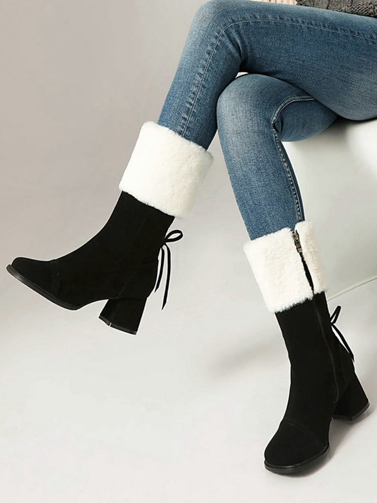 Vintage Contrasted Suede Plush Chunky Boots