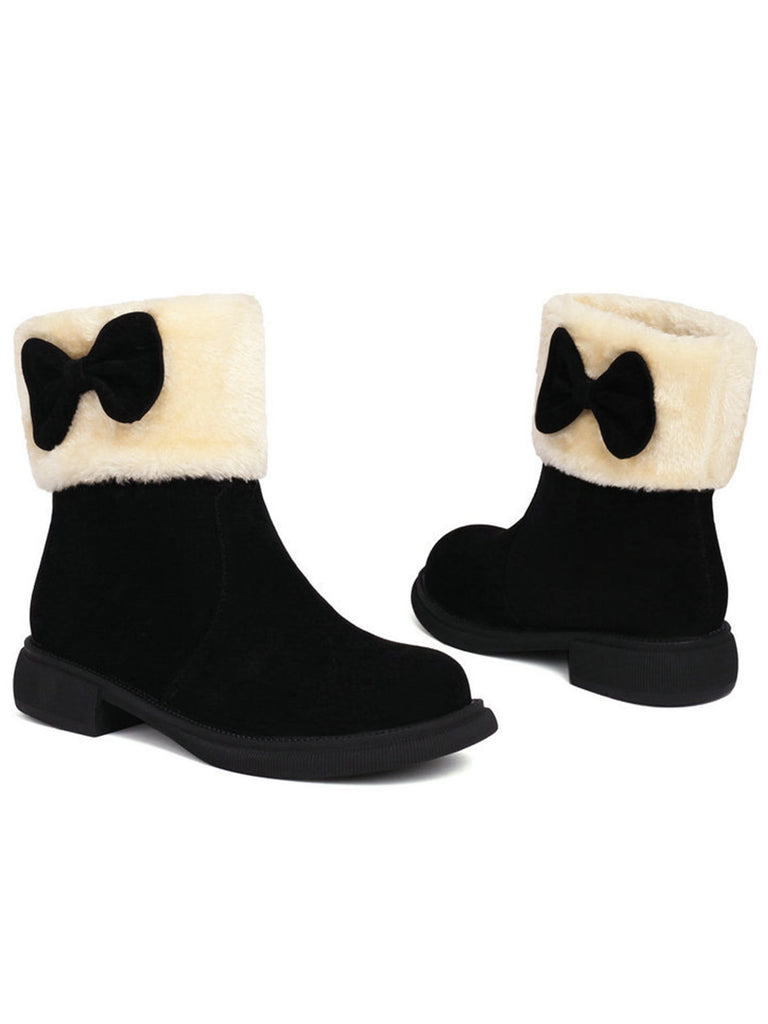 Winter Plush Trim Bow Round Toe Ankle Boots