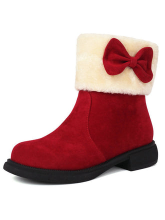 Winter Plush Trim Bow Round Toe Ankle Boots