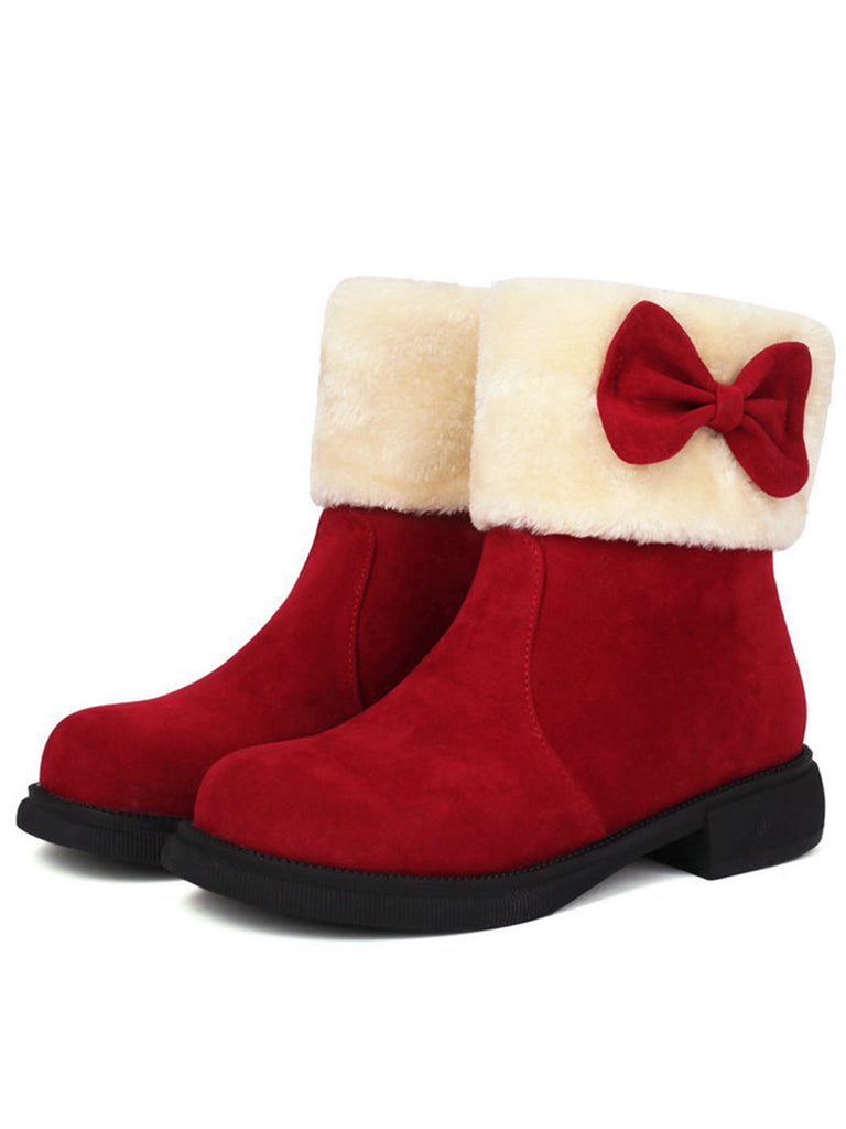 Winter Plush Trim Bow Round Toe Ankle Boots