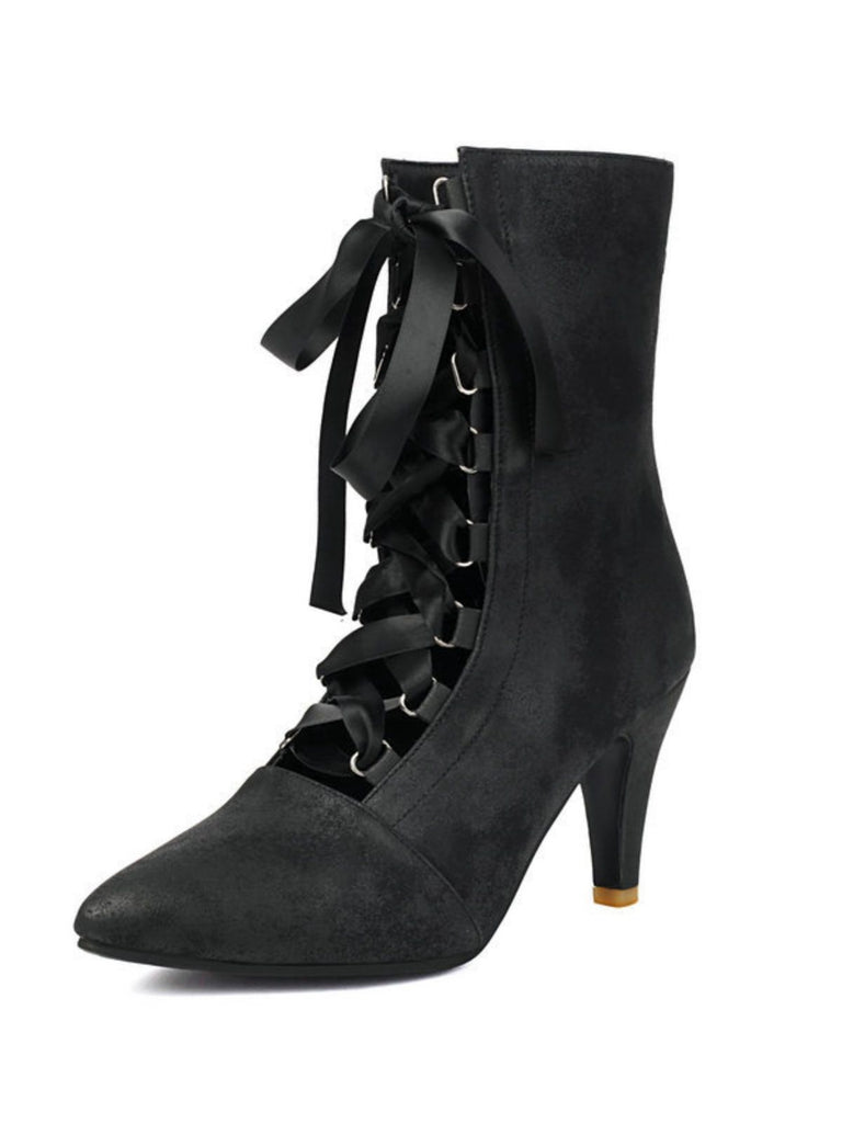Retro Pointed Toe Lace-Up Faux-Suede Hollow Out Boots