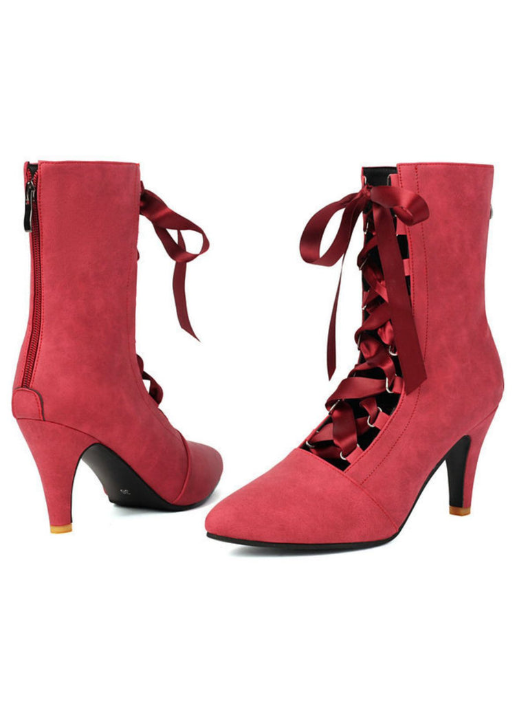 Retro Pointed Toe Lace-Up Faux-Suede Hollow Out Boots