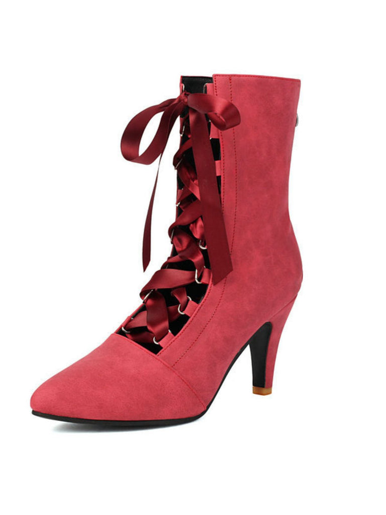 Retro Pointed Toe Lace-Up Faux-Suede Hollow Out Boots