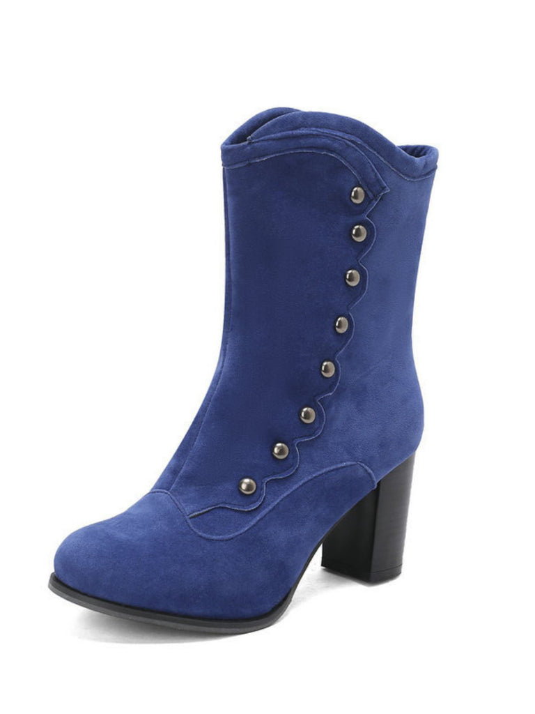 Vintage Suede Faux Fur Lining Studded Mid-Calf Boots