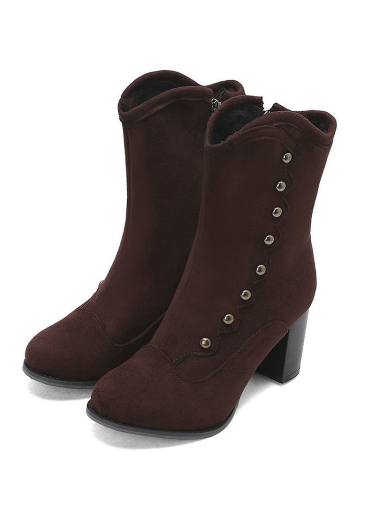 Vintage Suede Faux Fur Lining Studded Mid-Calf Boots