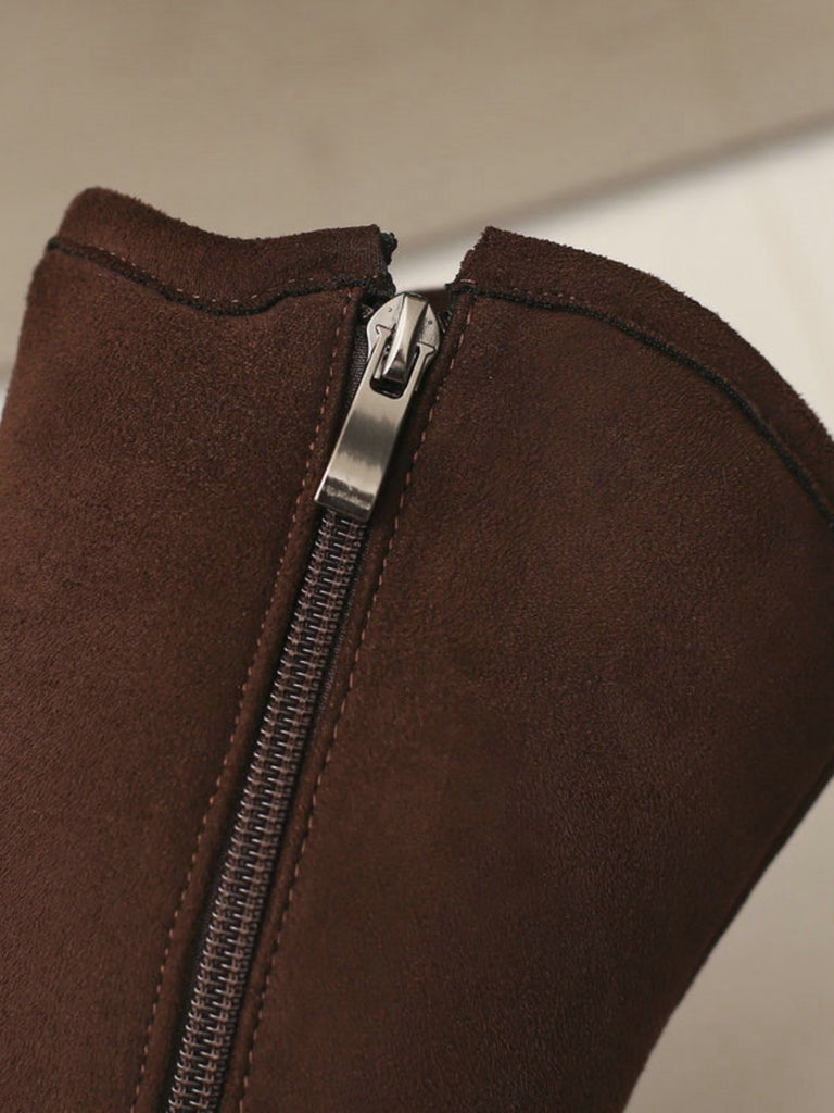 Vintage Suede Faux Fur Lining Studded Mid-Calf Boots