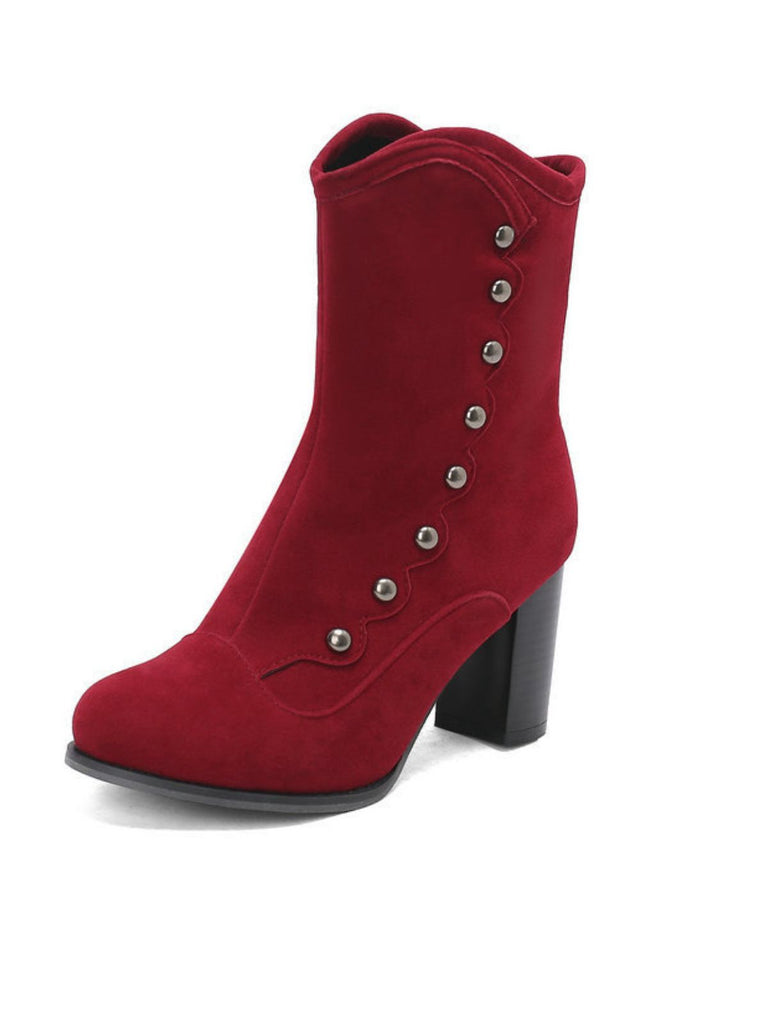 Vintage Suede Faux Fur Lining Studded Mid-Calf Boots