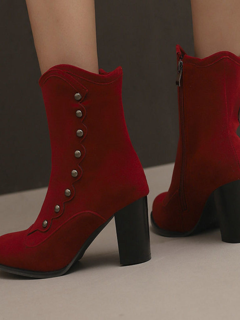 Vintage Suede Faux Fur Lining Studded Mid-Calf Boots