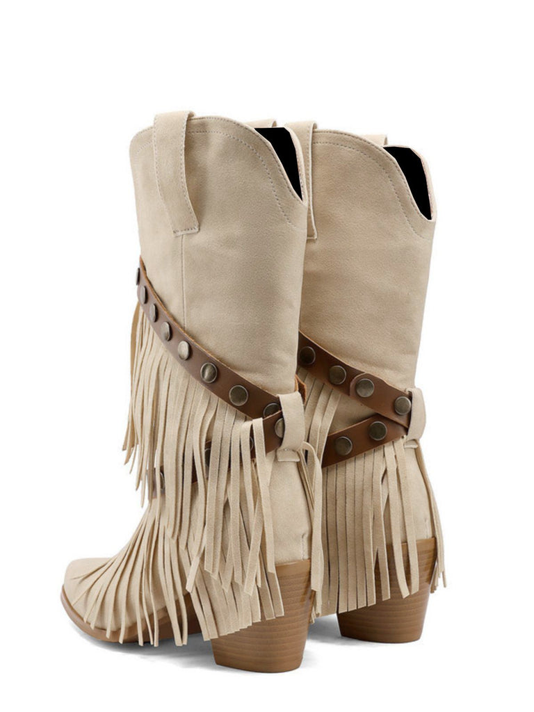 Vintage Denim Western Cowboy Tassel Mid-Calf Boots
