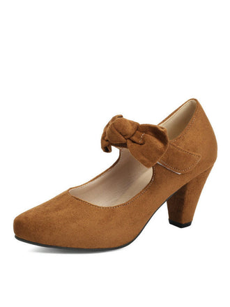 Suede Bow Mary Jane Block Heel Pumps