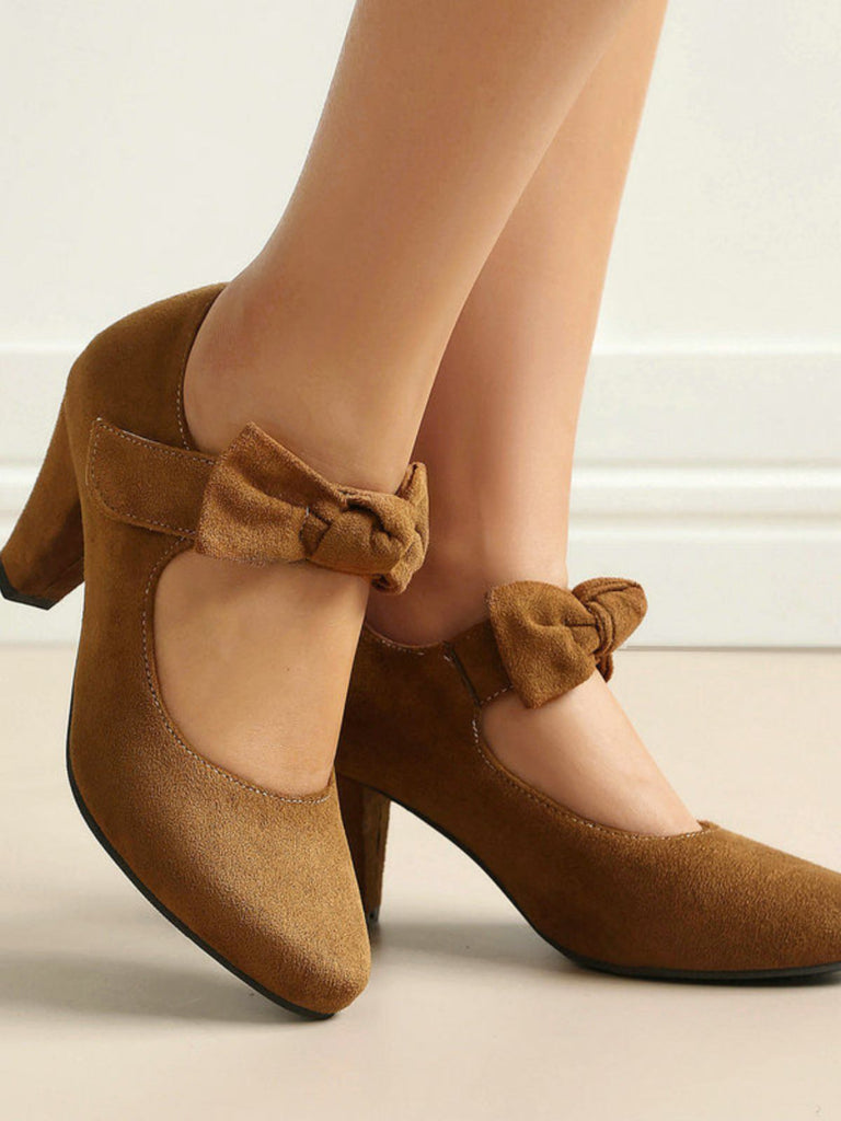 Suede Bow Mary Jane Block Heel Pumps