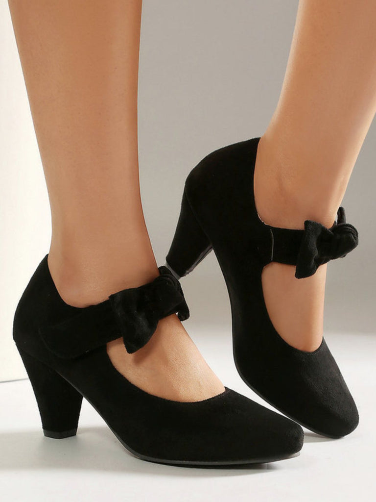 Suede Bow Mary Jane Block Heel Pumps