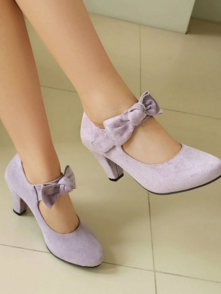 Suede Bow Mary Jane Block Heel Pumps