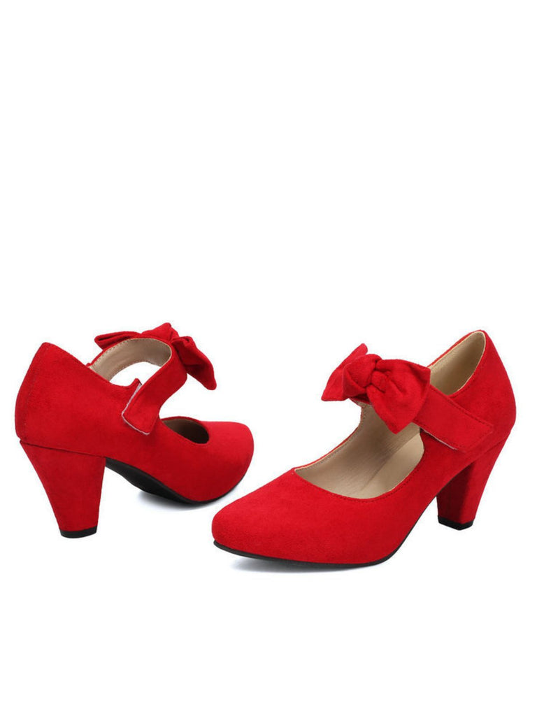 Suede Bow Mary Jane Block Heel Pumps