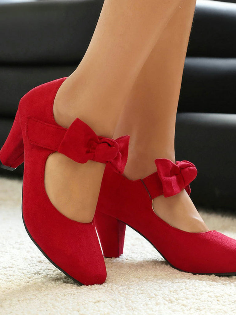 Suede Bow Mary Jane Block Heel Pumps