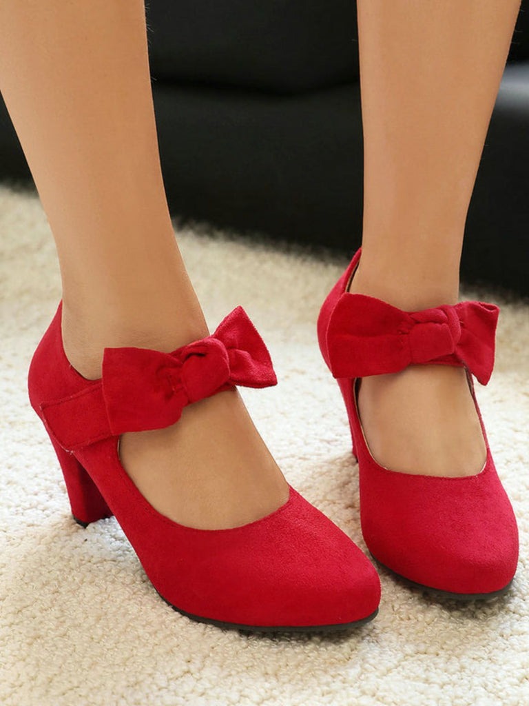 Suede Bow Mary Jane Block Heel Pumps
