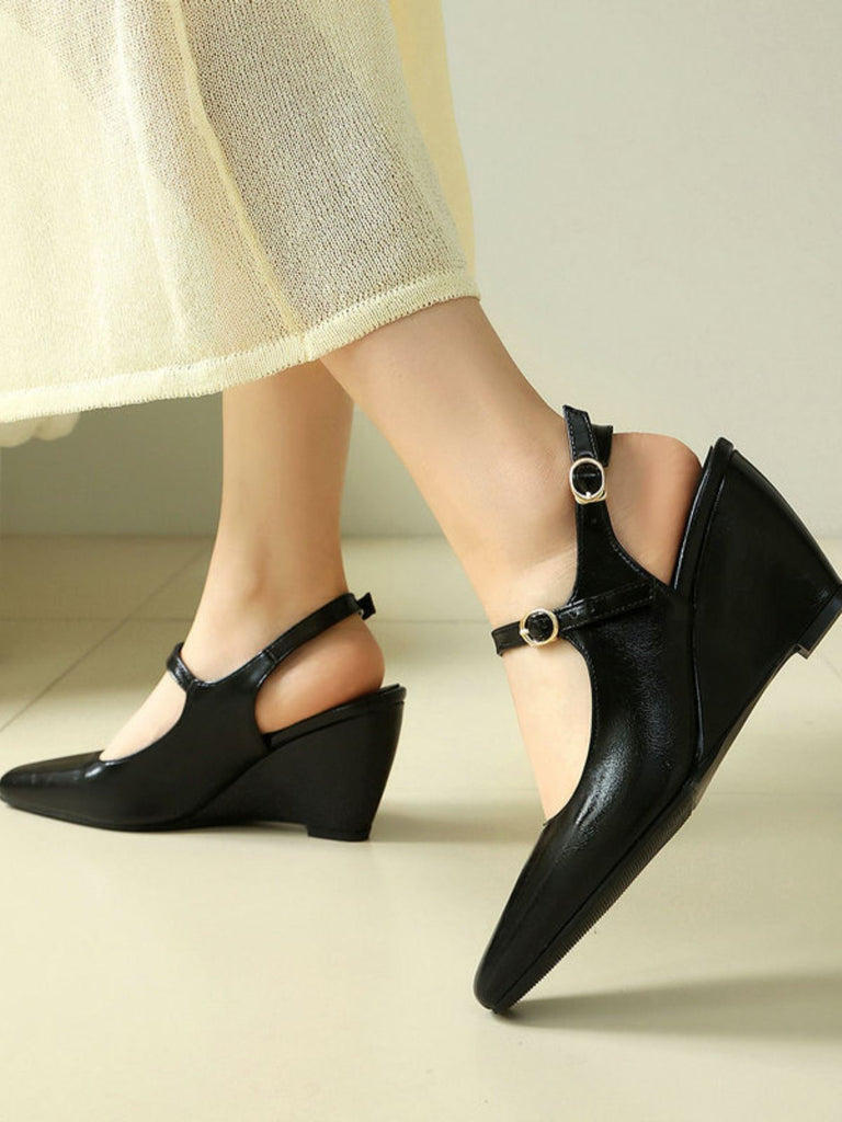 Faux Leather Pointed-Toe Wedge-Heeled Shoes with Buckles