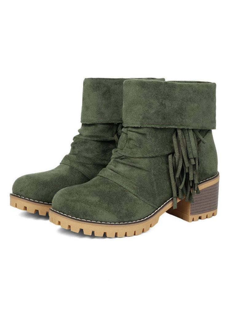 Suede 2-Way Fold-Over Fringe Chunky Heel Boots