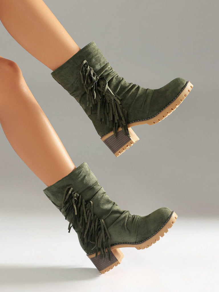 Suede 2-Way Fold-Over Fringe Chunky Heel Boots